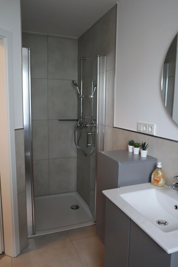 Shower, hair dryer, towels, toilet paper