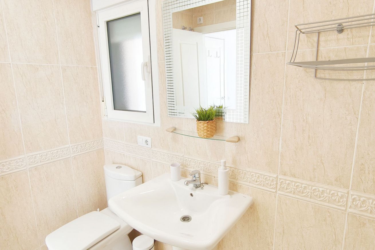 A bathroom with a toilet, sink, mirror, and a small shelf with a plant.