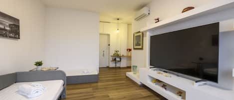 Una habitación de hotel moderna con una cama, un televisor, una mesita con una planta y un pasillo que conduce a un baño.