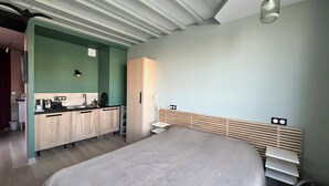 A modern bedroom with a bed, a small kitchenette, and a wooden headboard. - REFLETS DE L'YONNE, independent bed and breakfast on the banks of the Yonne in Sens (Sens)