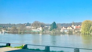A river with houses and trees on the opposite bank. - REFLETS DE L'YONNE, independent bed and breakfast on the banks of the Yonne in Sens (Sens)