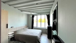 A bedroom with a bed, a TV, a window, and a ceiling with exposed beams. - REFLETS DE L'YONNE, independent bed and breakfast on the banks of the Yonne in Sens (Sens)
