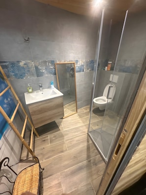 Une salle de bain moderne avec une douche à parois de verre, un meuble-lavabo en bois et des toilettes.