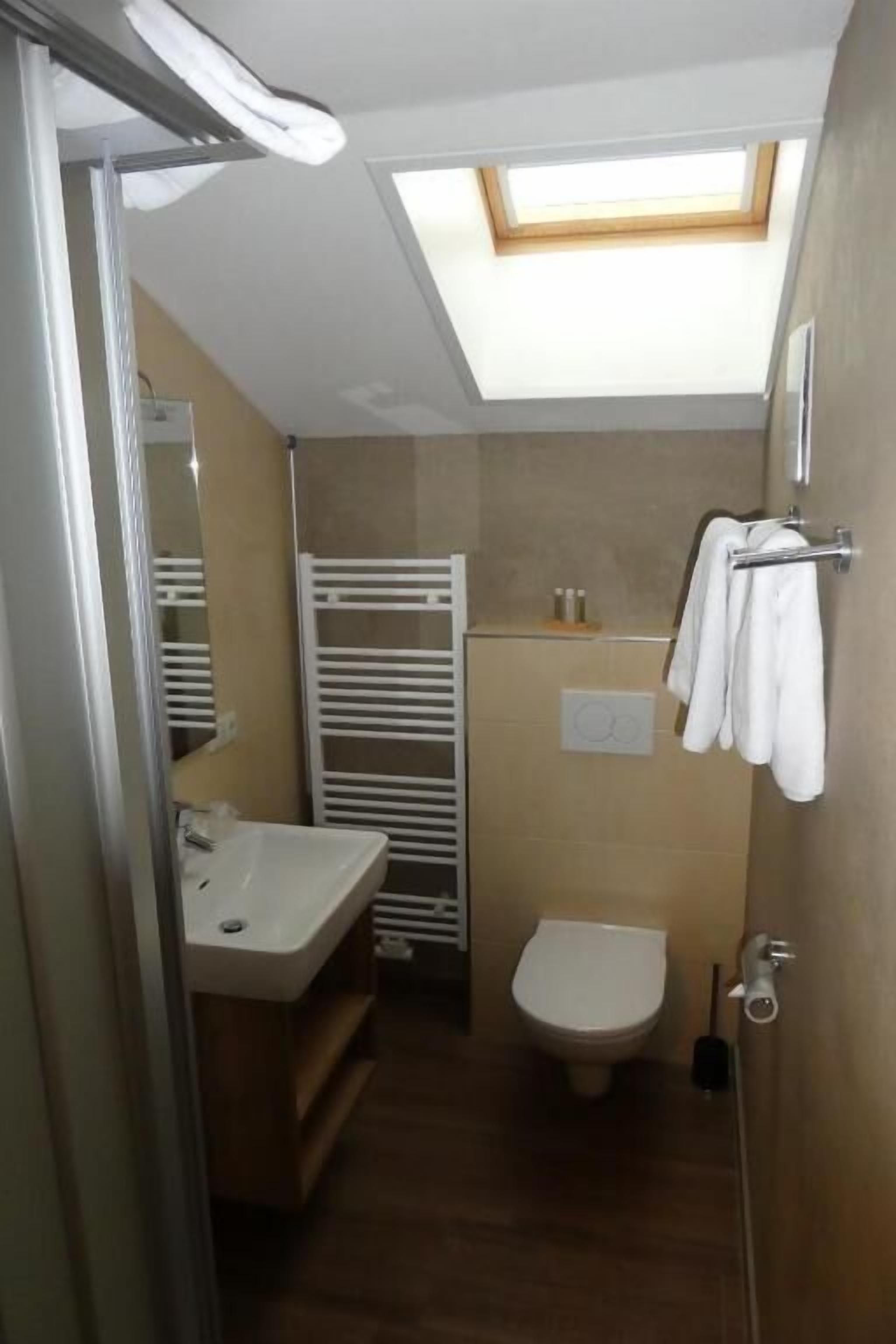 A compact bathroom with a skylight, a toilet, a sink, and a towel rack.