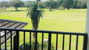 Un balcon donnant sur une pelouse bien entretenue et des arbres.