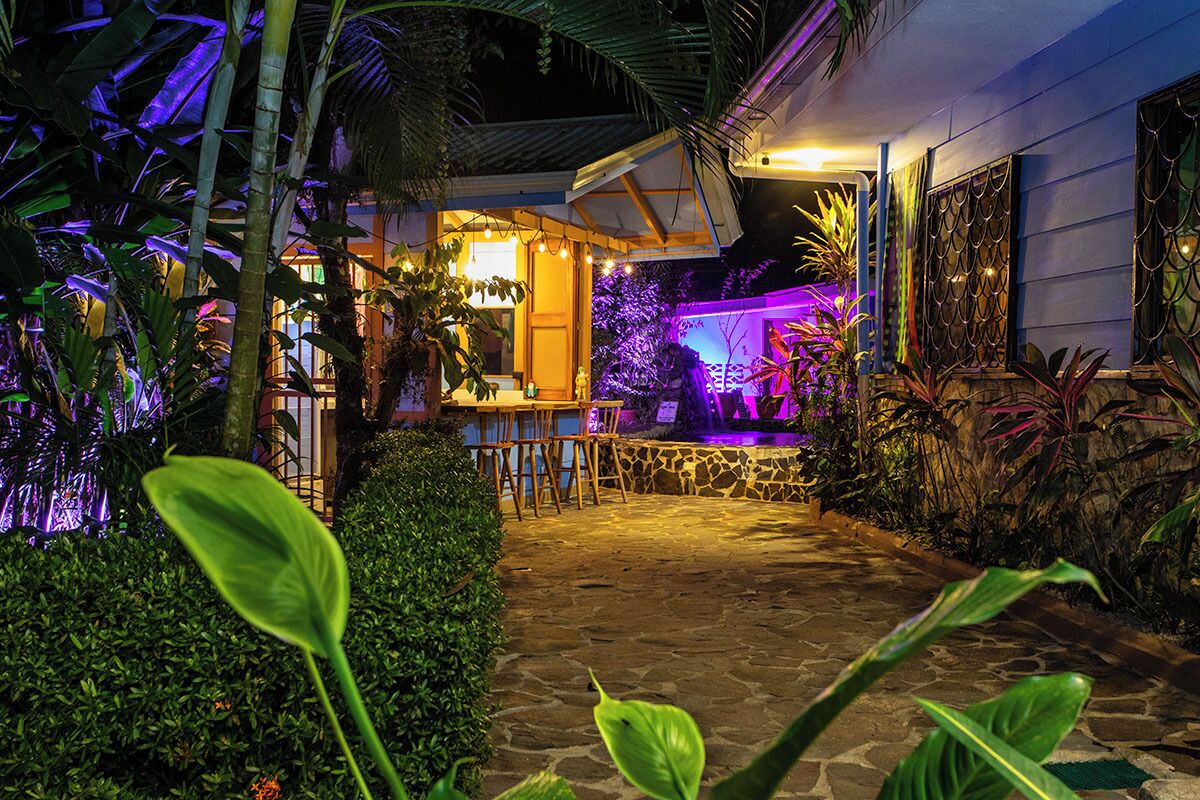 A well-lit outdoor area with a stone pathway, wooden furniture, and lush tropical plants.