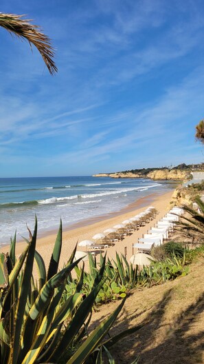 A beach with waves, a sandy shore, and a row of white umbrellas. - Apartment 'Casa Sonho' with Balcony and Wi-Fi (Armação de Pêra)