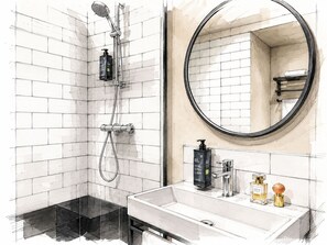 A bathroom with a white tiled wall, a black bathtub, a round mirror, and a sink with toiletries. - Ibis Styles Saint Germain En Laye (Saint-Germain-en-Laye)