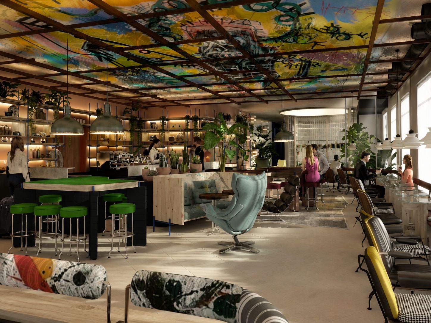 Interior moderno com área de bar, assentos e teto com arte de graffiti.