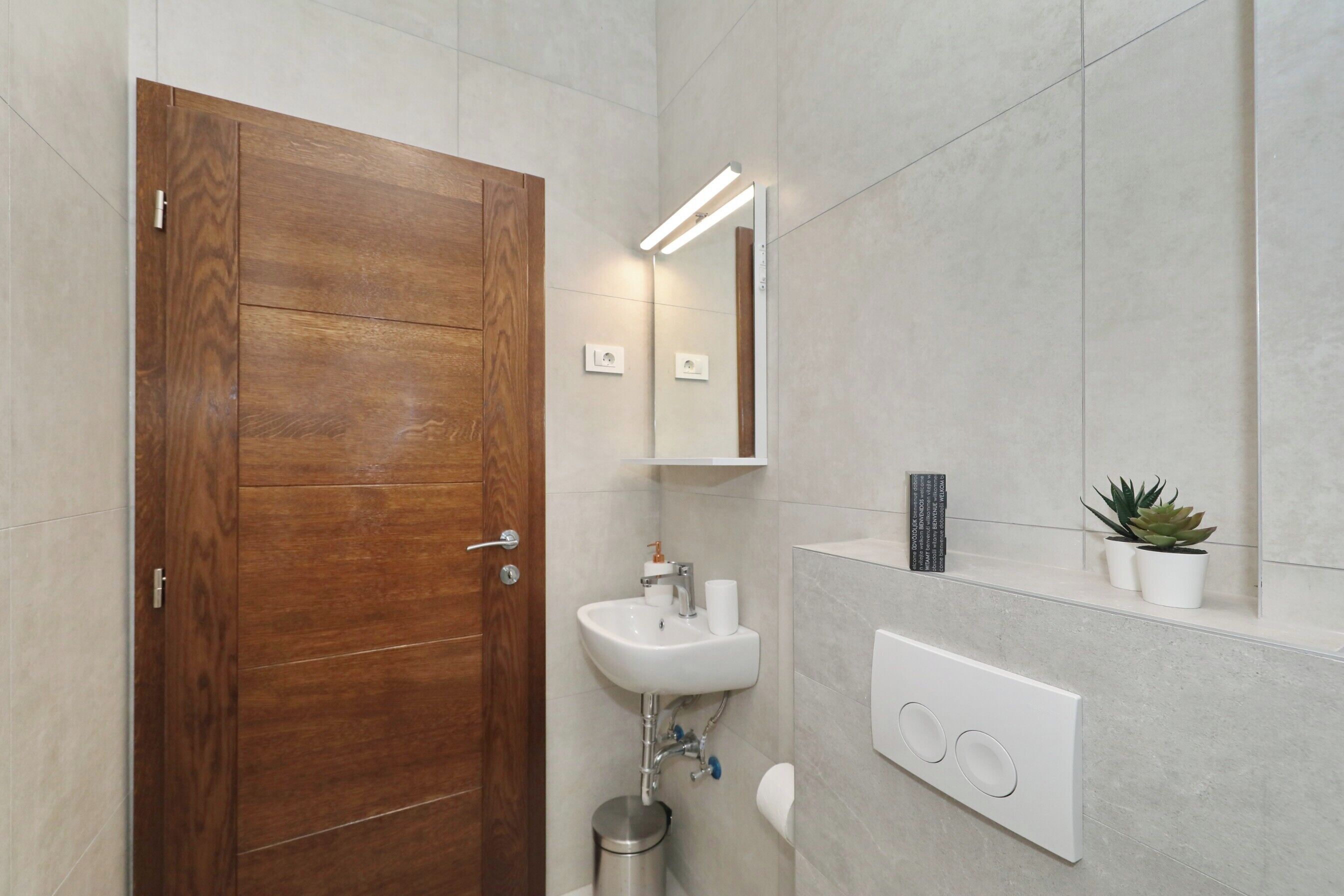 Une salle de bain moderne avec une porte en bois, un lavabo blanc, un miroir, une petite plante et un interrupteur.