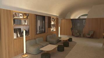 Una sala de estar moderna con sofá, mesa de centro y otomanas, paredes de paneles de madera y una estantería con diversos objetos.