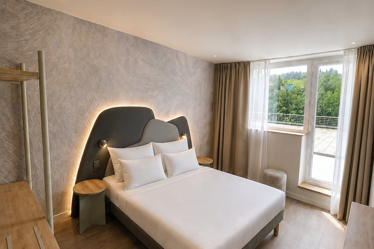 A modern hotel room with a large bed, a wooden nightstand, a small table, and a view of greenery through the window.