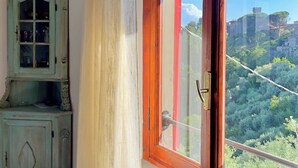 Una habitación con un ventanal grande, un armario de madera y una cortina.