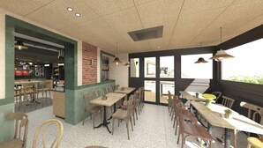 A restaurant interior with brick walls, wooden tables, and chairs. - Hôtel EH OH Orly Rungis (Rungis)