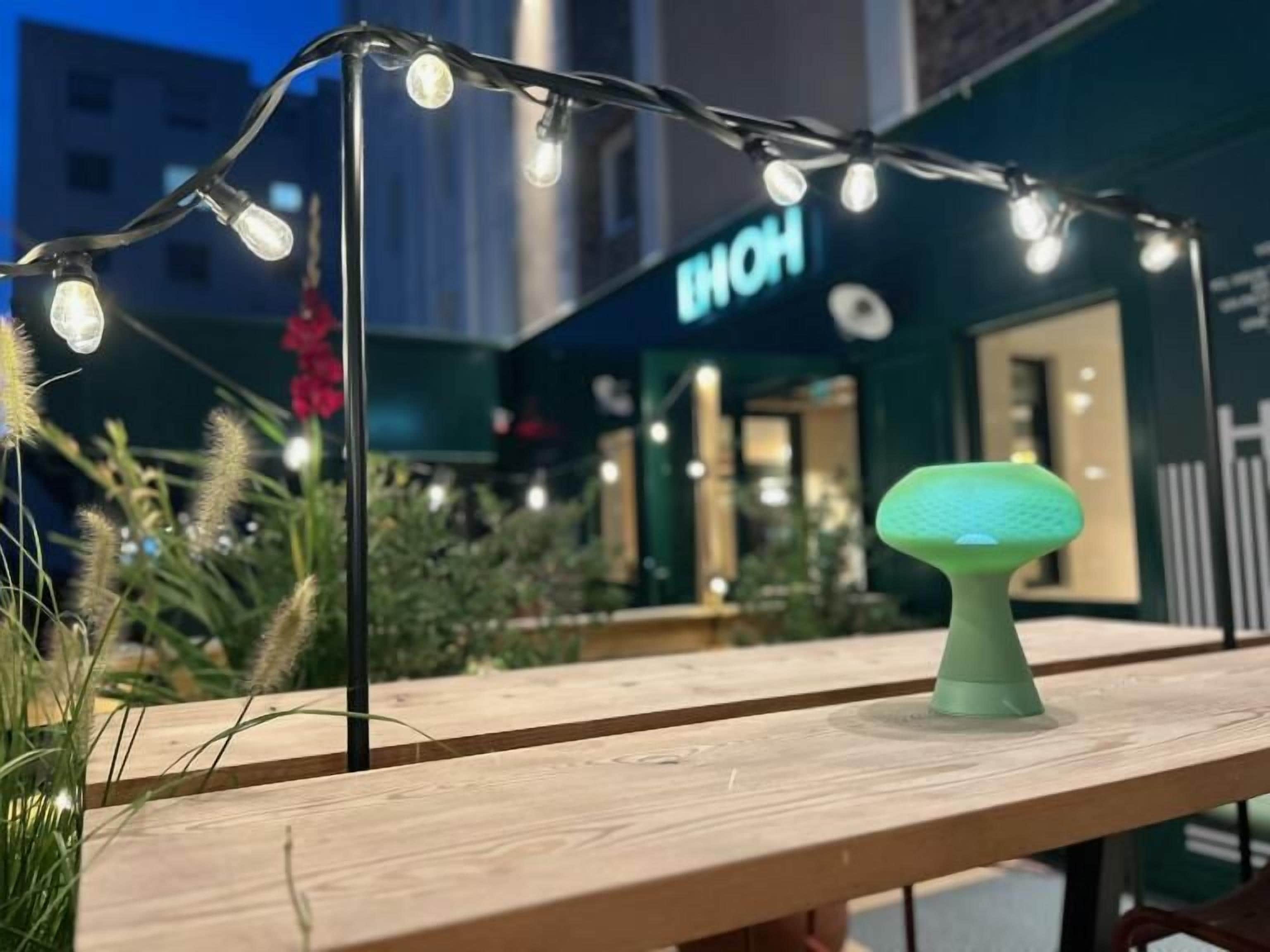 Area pranzo all'aperto con tavolo in legno, luci decorative a tendina e lampada a forma di fungo verde.