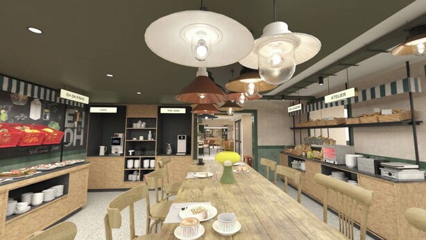 A café interior with a wooden table, chairs, hanging pendant lights, and shelves with food items. - Hôtel EH OH Orly Rungis (Rungis)