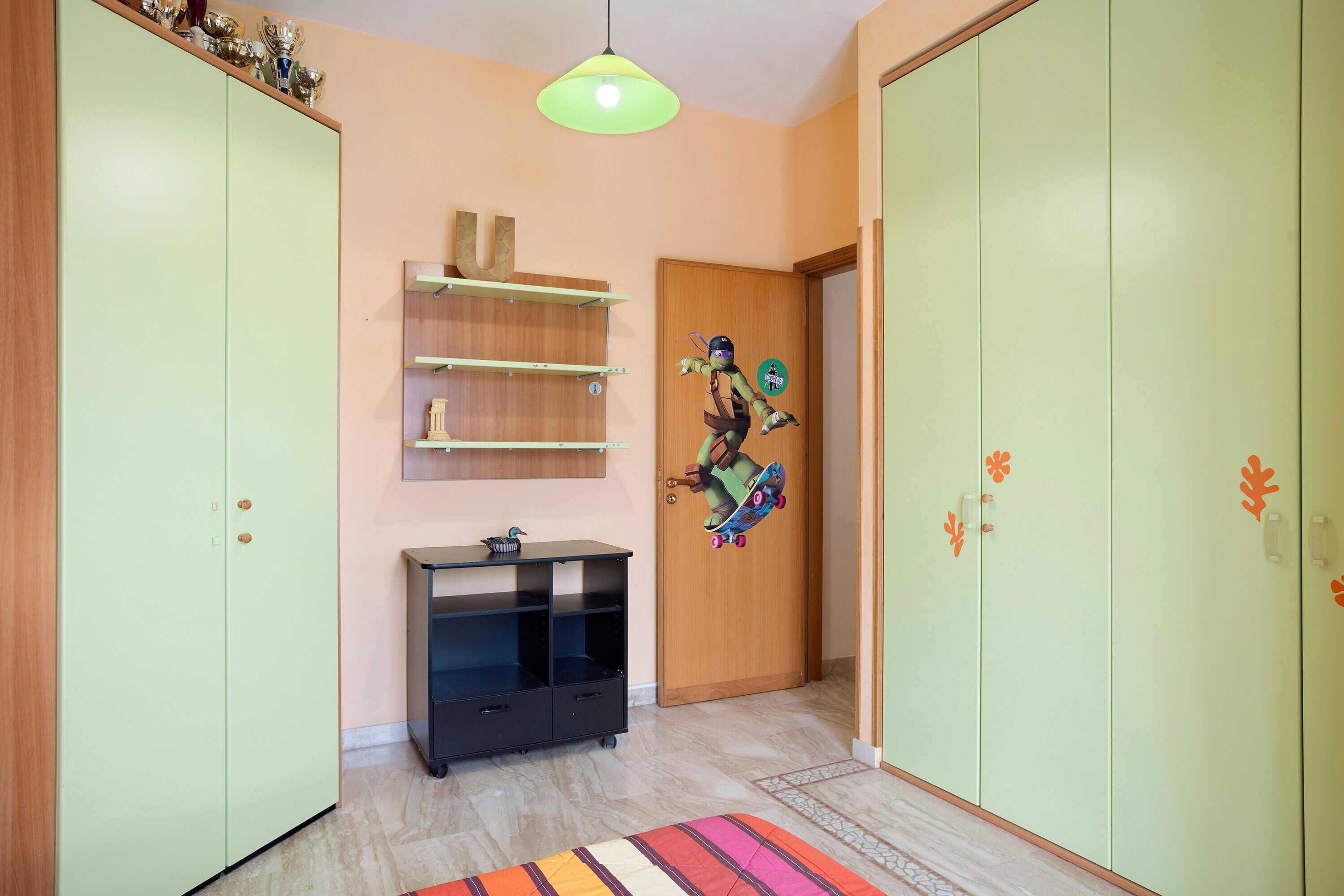 A room with two green wardrobes, a black cabinet, a shelf unit, and a door with a skateboard decal.