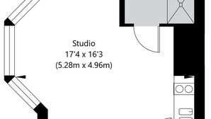 A studio apartment layout with dimensions 17'4 x 16'3 (5.28m x 4.96m), including a kitchenette and a bathroom. - Standard Studio in Knightsbridge (London)
