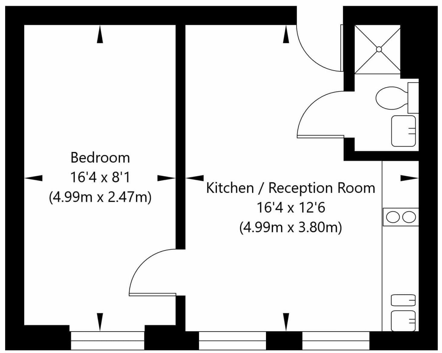 En planritning som visar ett sovrum som är 4,99 meter långt och 2,47 meter brett, samt ett kök/vardagsrum som är 4,99 meter långt och 3,80 meter brett.