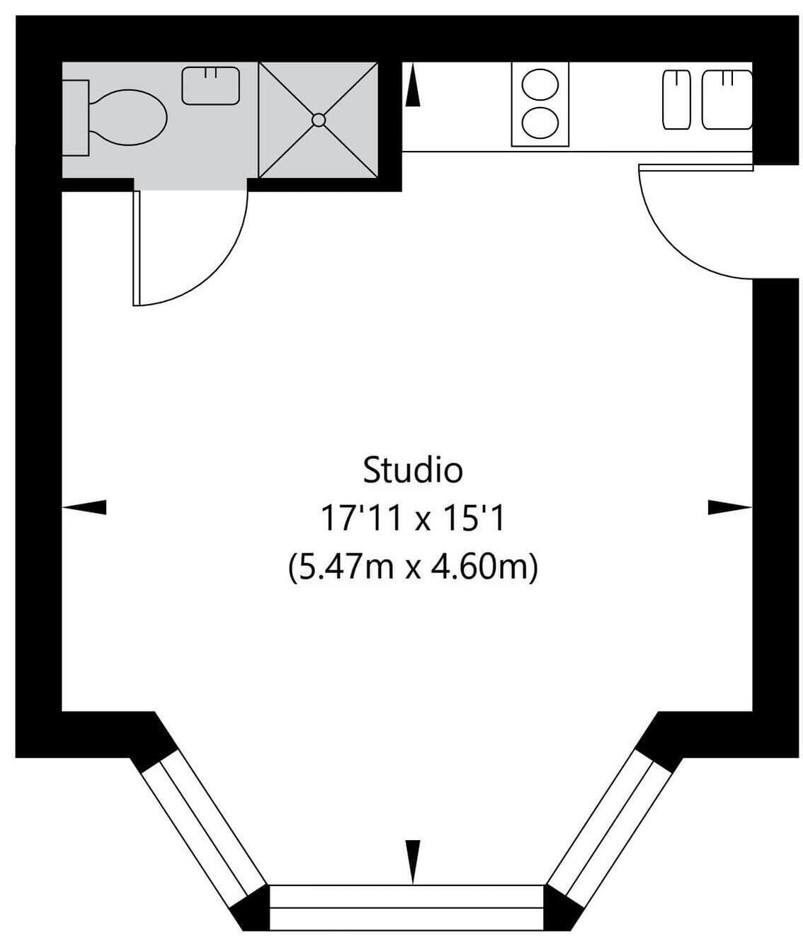 A studio apartment layout with dimensions 17'11 x 15'1 (5.47m x 4.60m).
