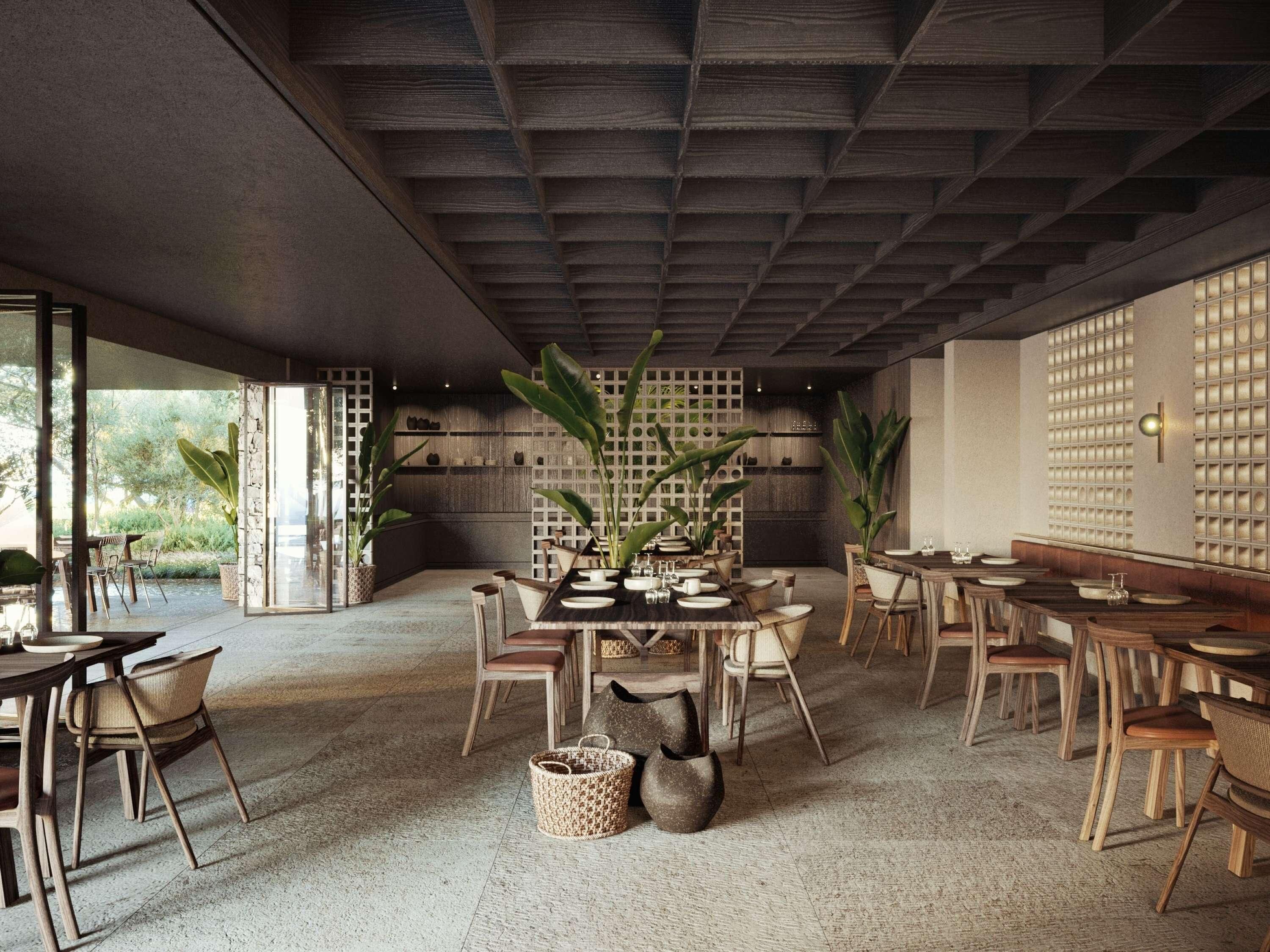 A modern restaurant interior with wooden furniture, a central dining table, and a view of the outdoors.