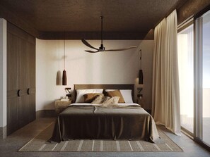 Un dormitorio con cama, ventilador de techo, luces colgantes, mesita de noche, ventana con cortinas y un armario grande.