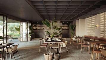 A modern restaurant interior with wooden furniture, a central dining table, and a view of the outdoors.
