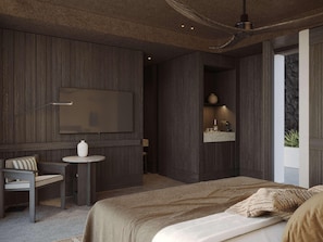 A modern bedroom with a large bed, a small round table, a chair, a TV mounted on the wall, and a built-in shelf with decorative items. - Nirema Hotel & Spa Samos - Mgallery Collection (Samos)