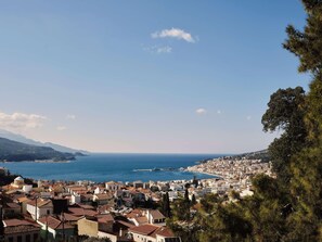 A coastal town with terracotta-roofed buildings, a clear blue sea, and distant mountains. - Nirema Hotel & Spa Samos - Mgallery Collection (Samos)