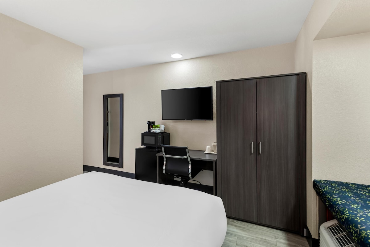 Una habitación de hotel con una cama, un escritorio con computadora, televisor y armario.