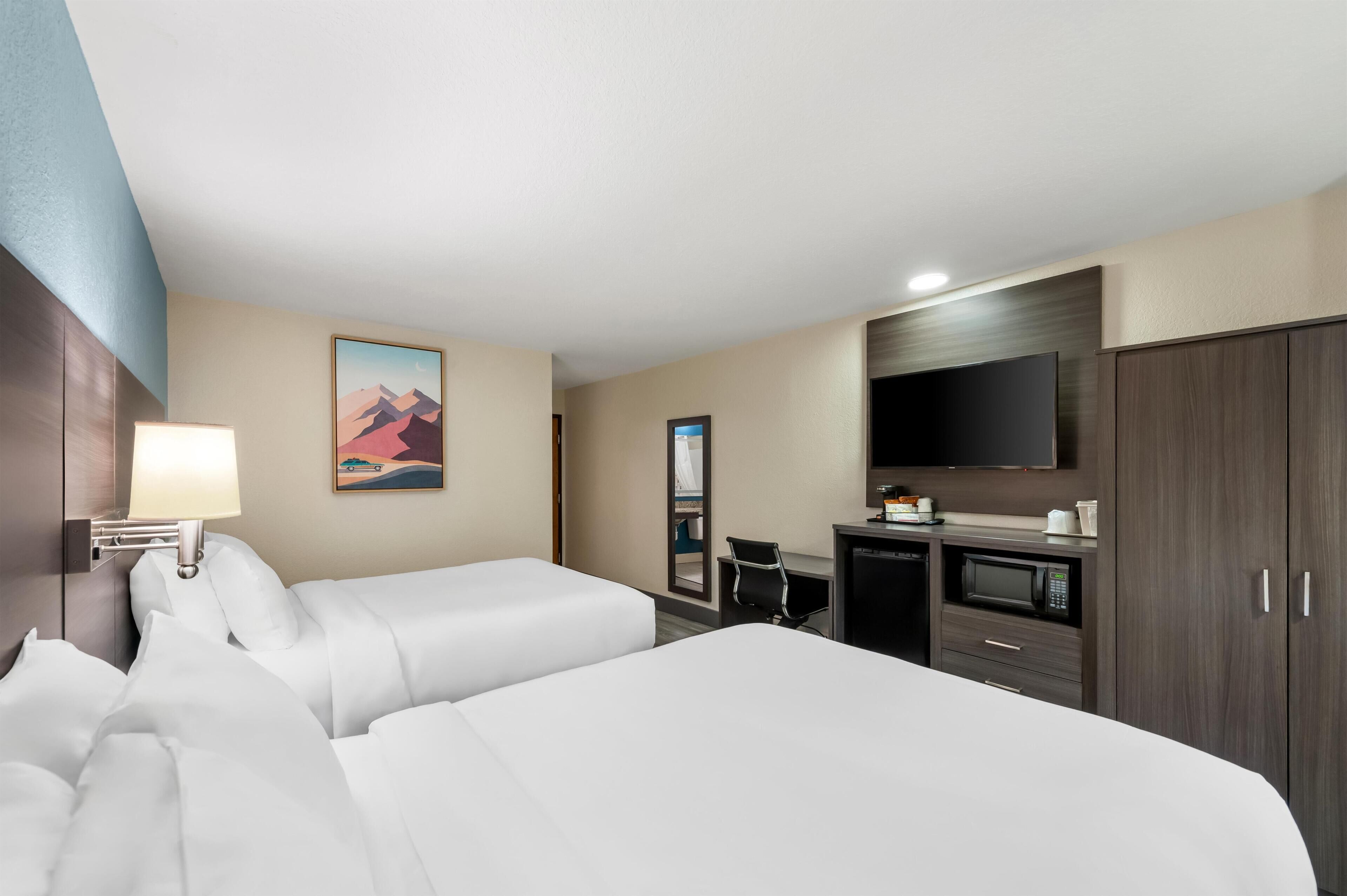 Desk, laptop workspace, free WiFi, bed sheets