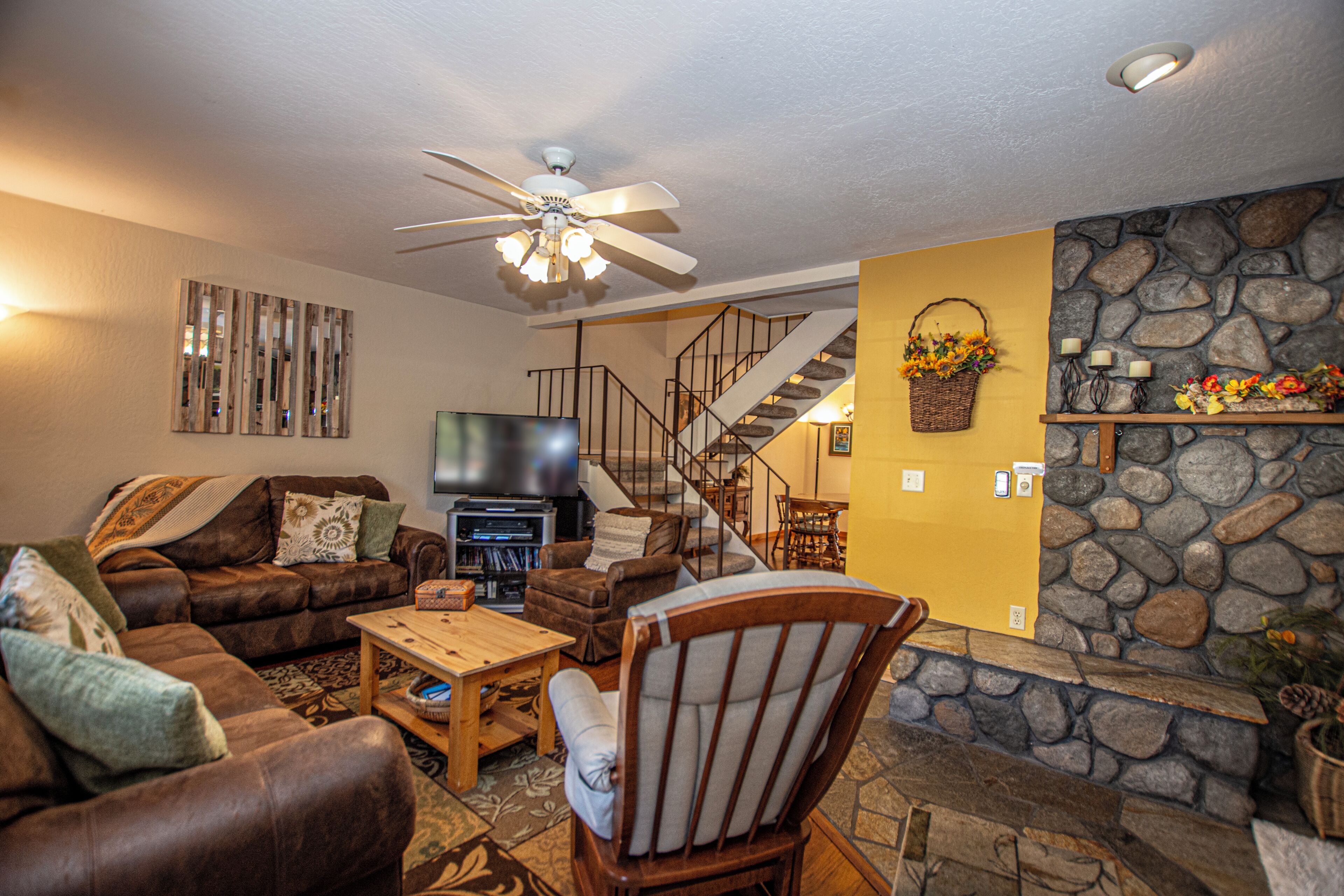 Smart TV, fireplace, DVD player, stereo