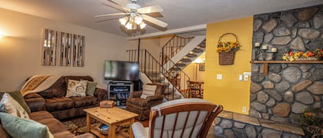 Smart TV, fireplace, DVD player, stereo