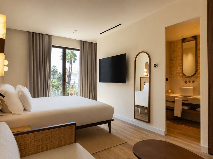 Habitación de hotel con cama, televisión, baño con espejo y vistas a palmeras.
