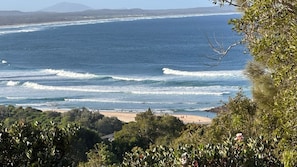 Paisagem costeira com praia, ondas do oceano e vegetação densa.
