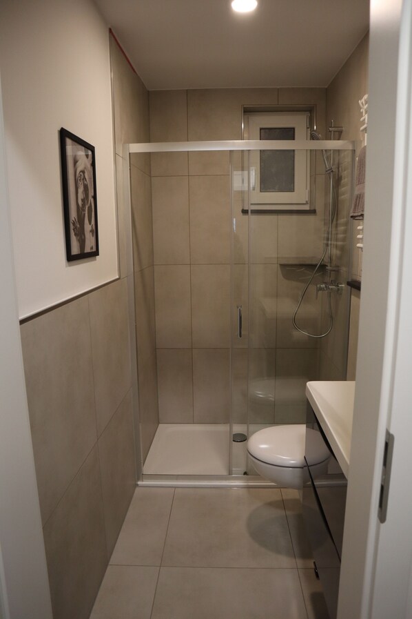 Shower, hair dryer, towels, toilet paper