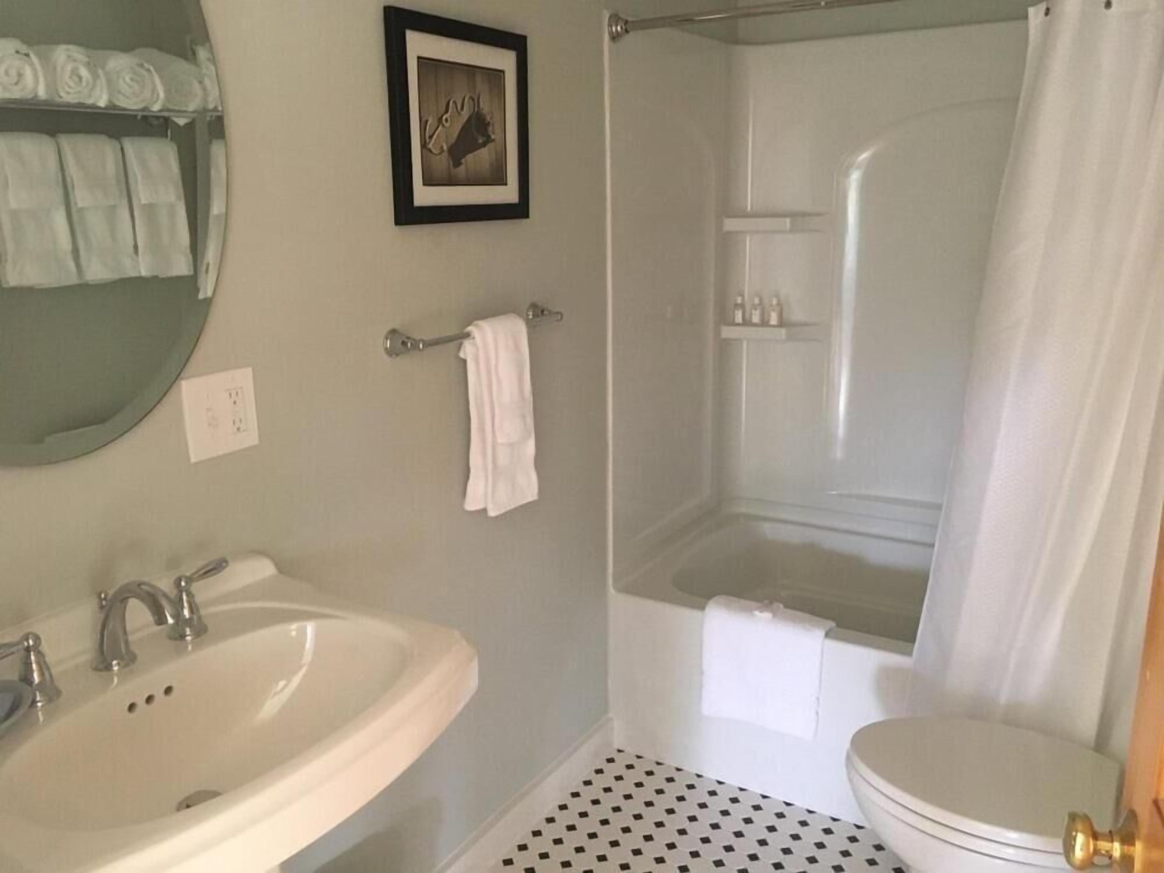 Une salle de bain avec un lavabo, des toilettes et une douche.