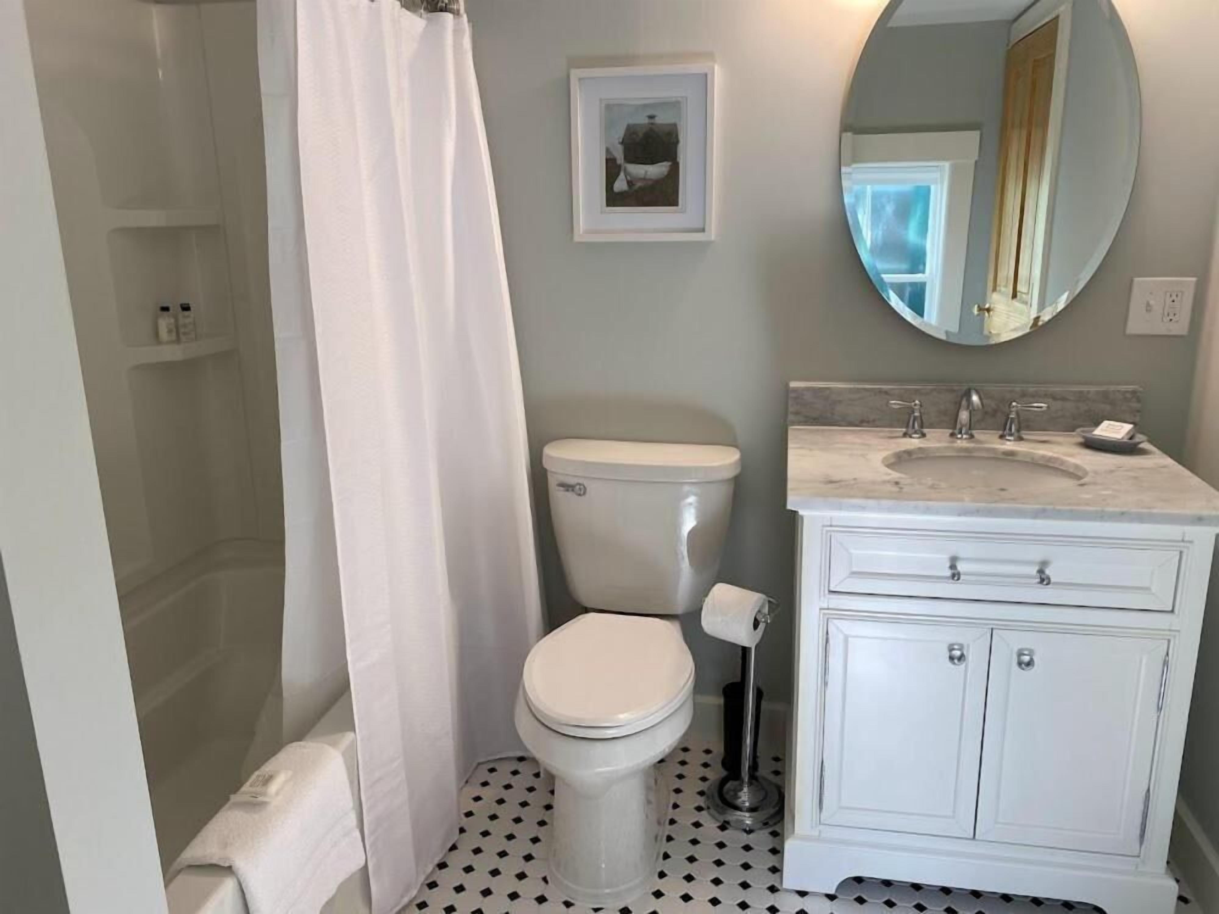 A bathroom with a toilet, a sink, a mirror, and a shower area.
