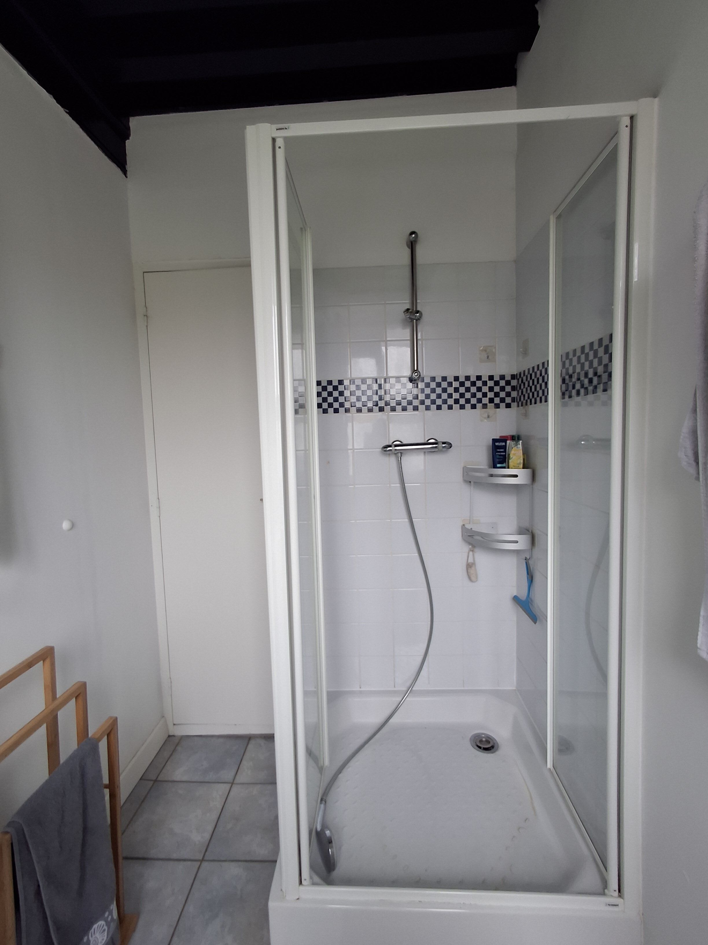 A shower enclosure with a glass door, a tiled shower area, and a small shelf with toiletries.