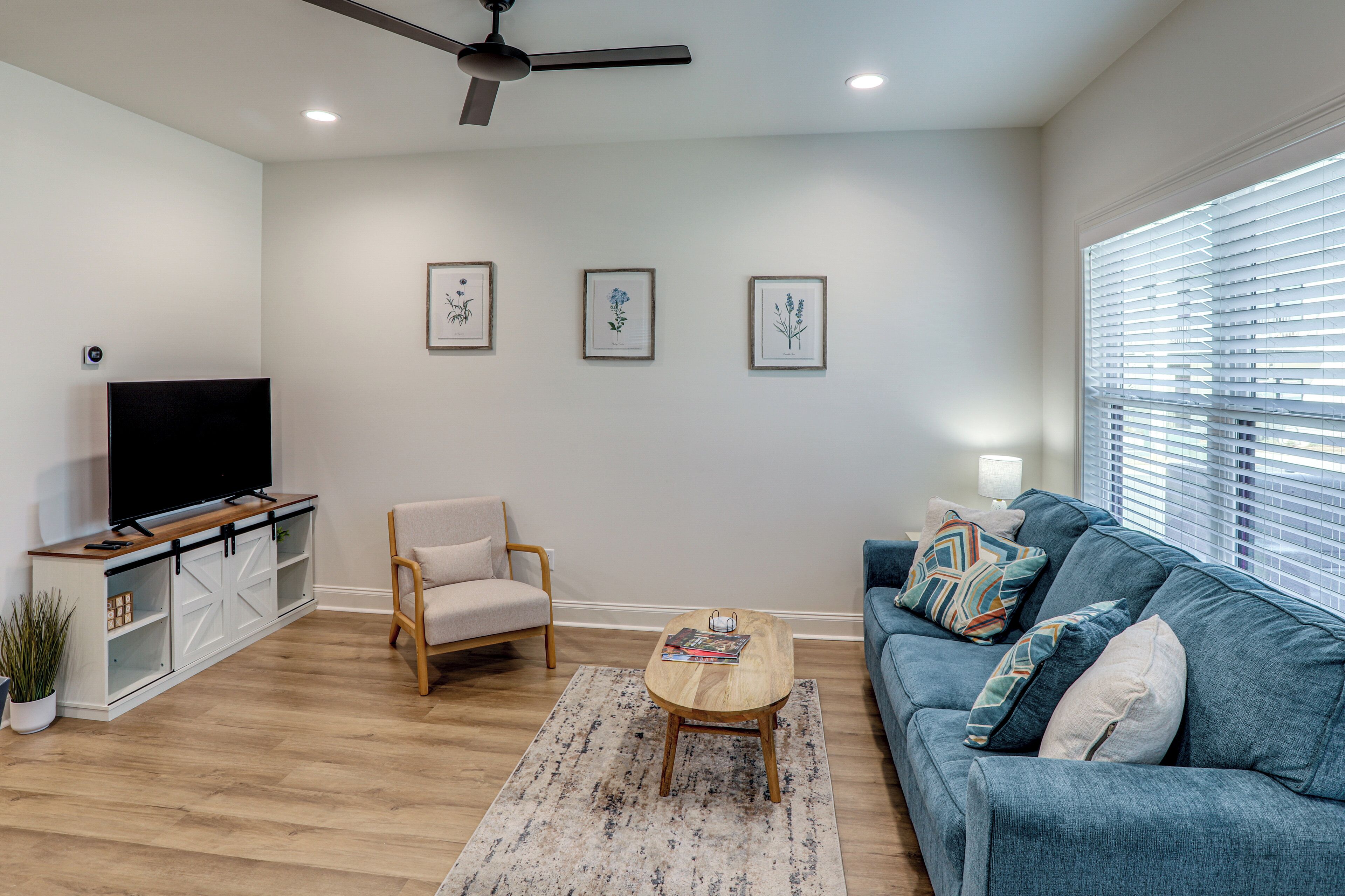 A living room with a TV, sofa, armchair, coffee table, and framed botanical prints on the wall.