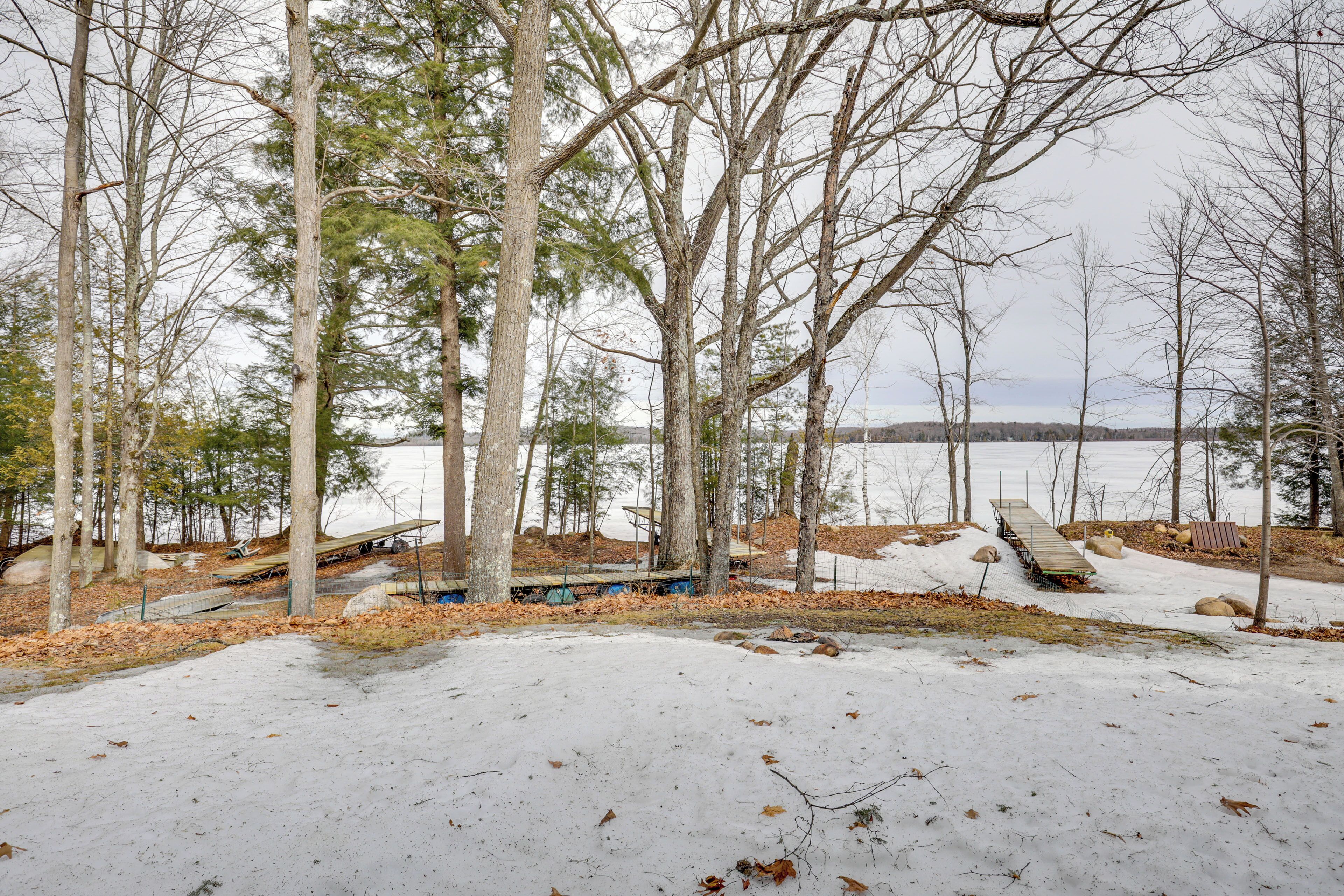 A snowy landscape with trees and a dock extending into a body of water.