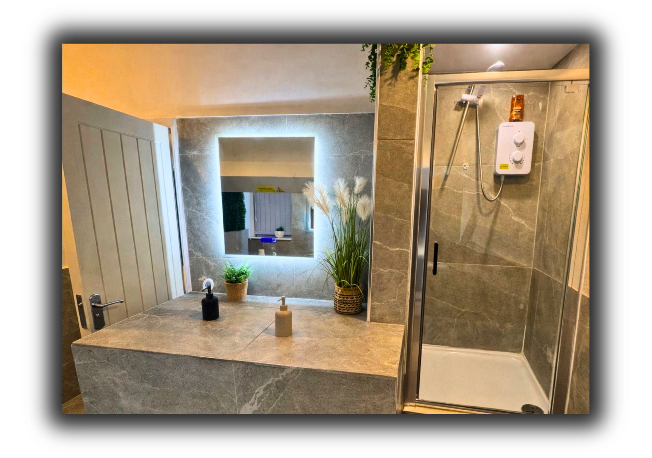 Shower, towels, soap, shampoo