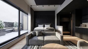 Quarto moderno com uma janela grande, cama, sofá e área de cozinha.