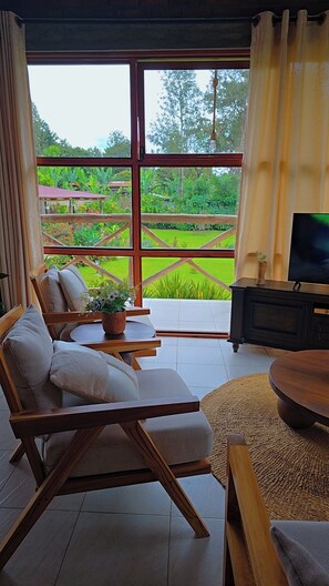Ein Zimmer mit großem Fenster, einer Couch, einem Fernseher und einem kleinen Tisch mit einer Pflanze.