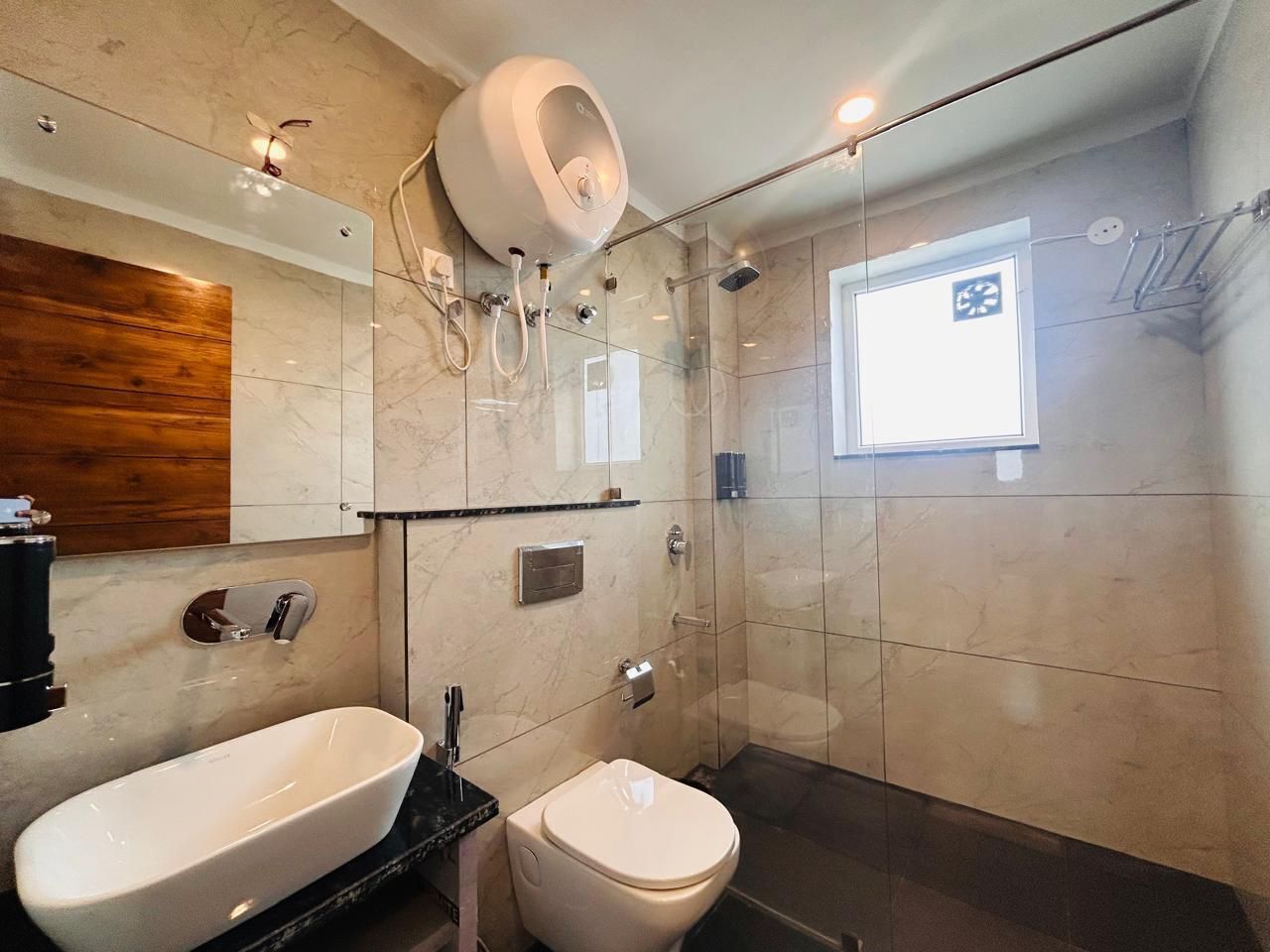 Shower, towels, soap, shampoo