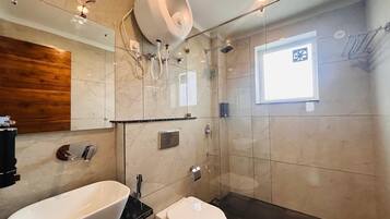 Shower, towels, soap, shampoo