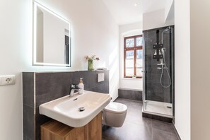 Lägenhet - 1 kingsize-säng med bäddsoffa | Badrum | Dusch, regndusch, hårtork och handdukar