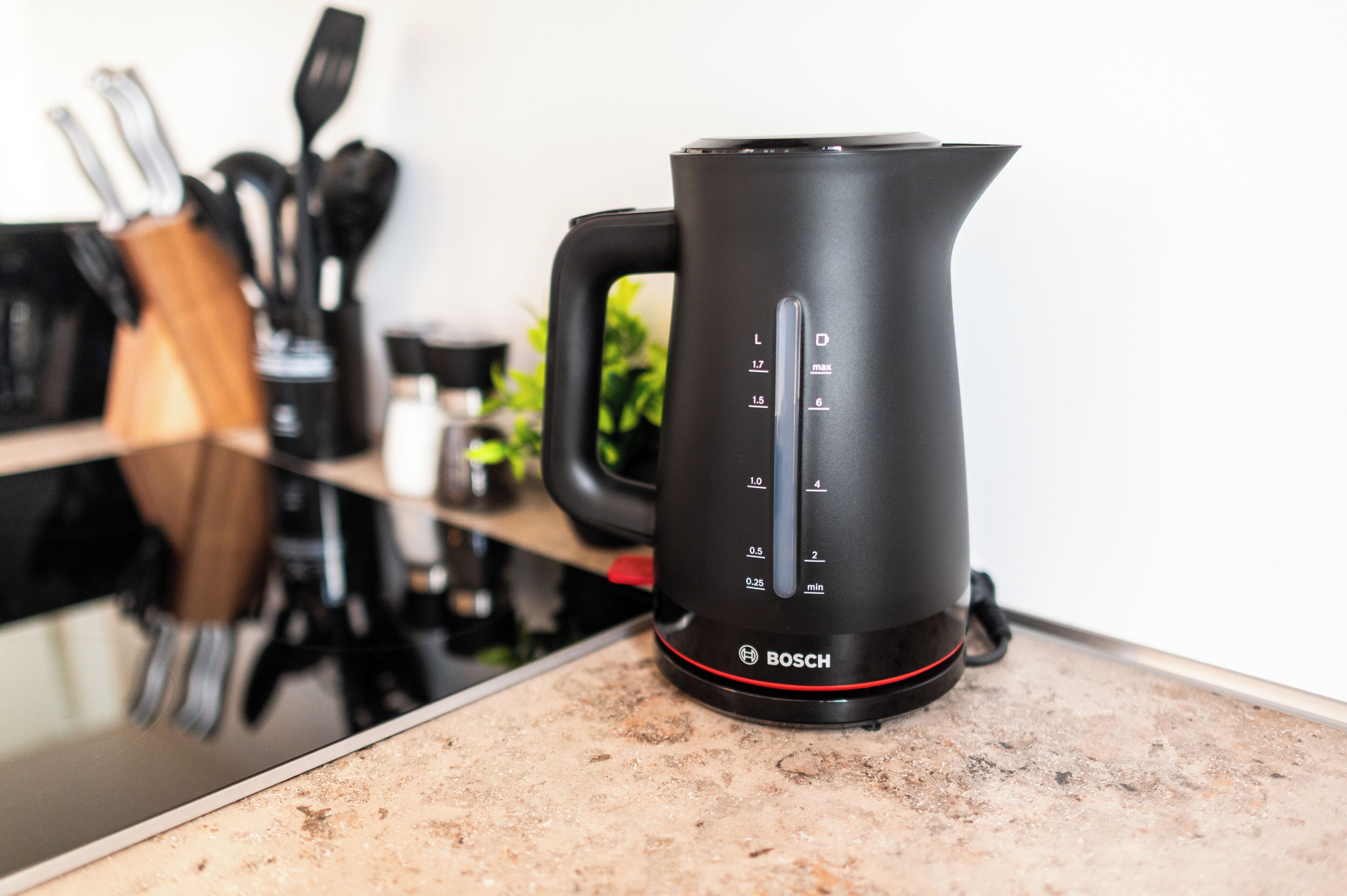 A kitchen with a Bosch electric kettle on the counter.