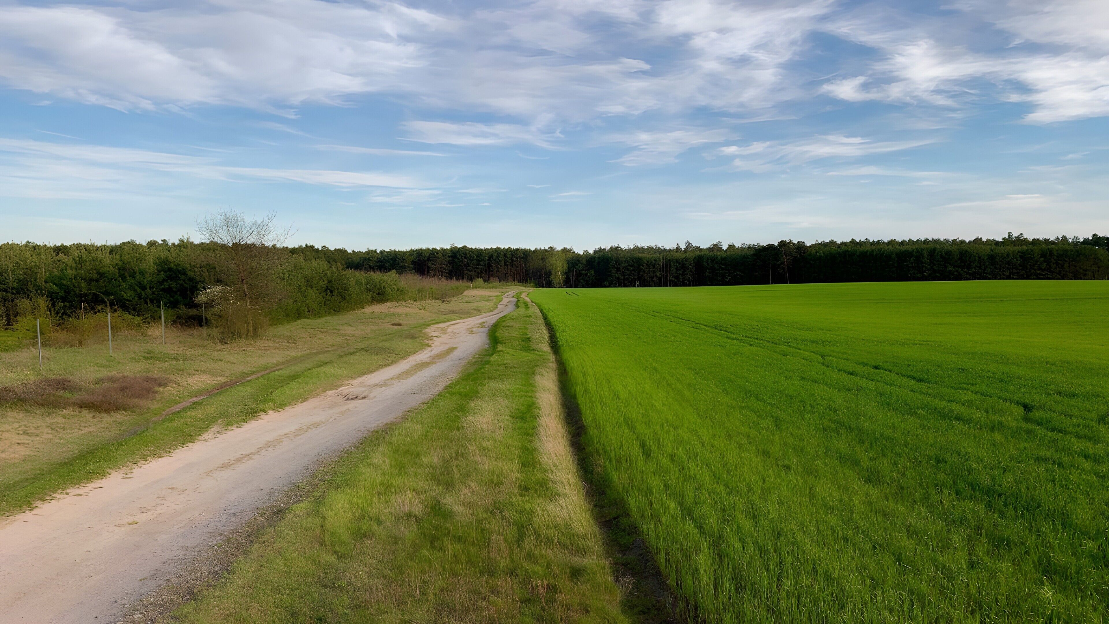 Un paysage rural avec un chemin de terre, des champs verdoyants et une forêt en arrière-plan.