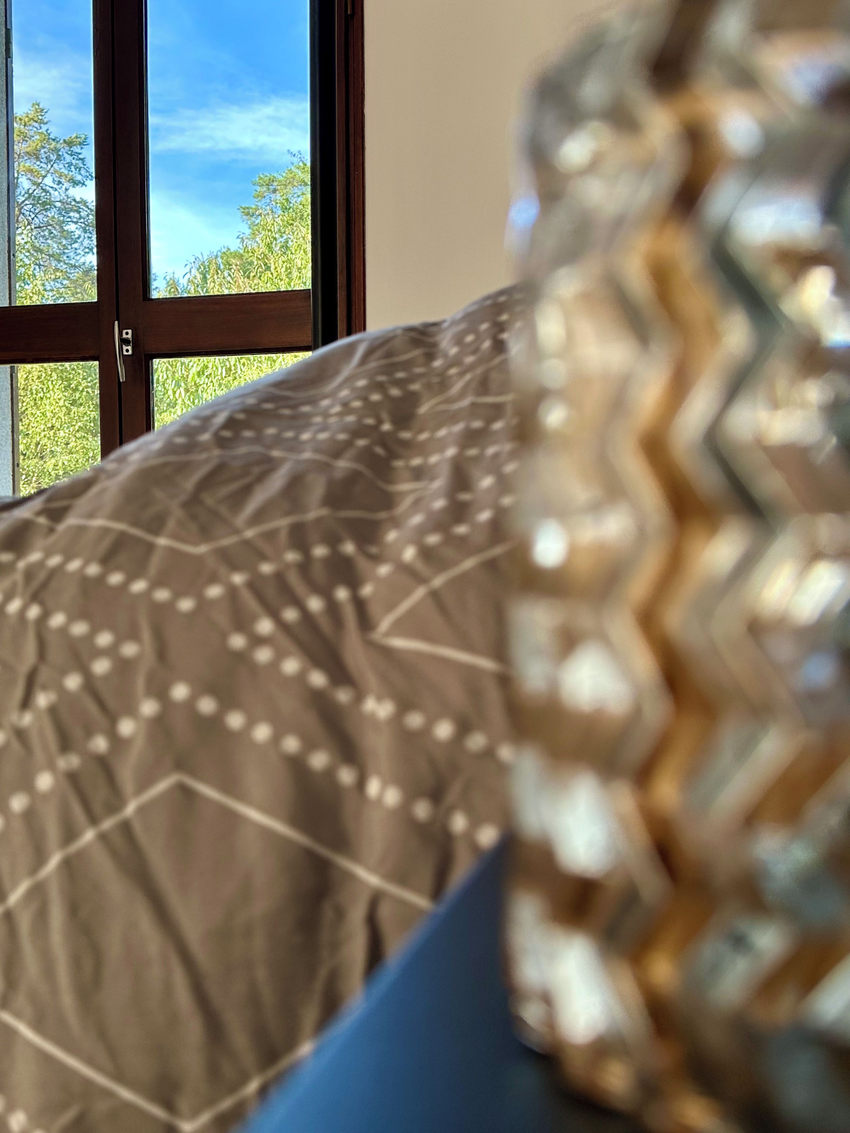 A bed with a patterned pillow and a view of trees through a window.